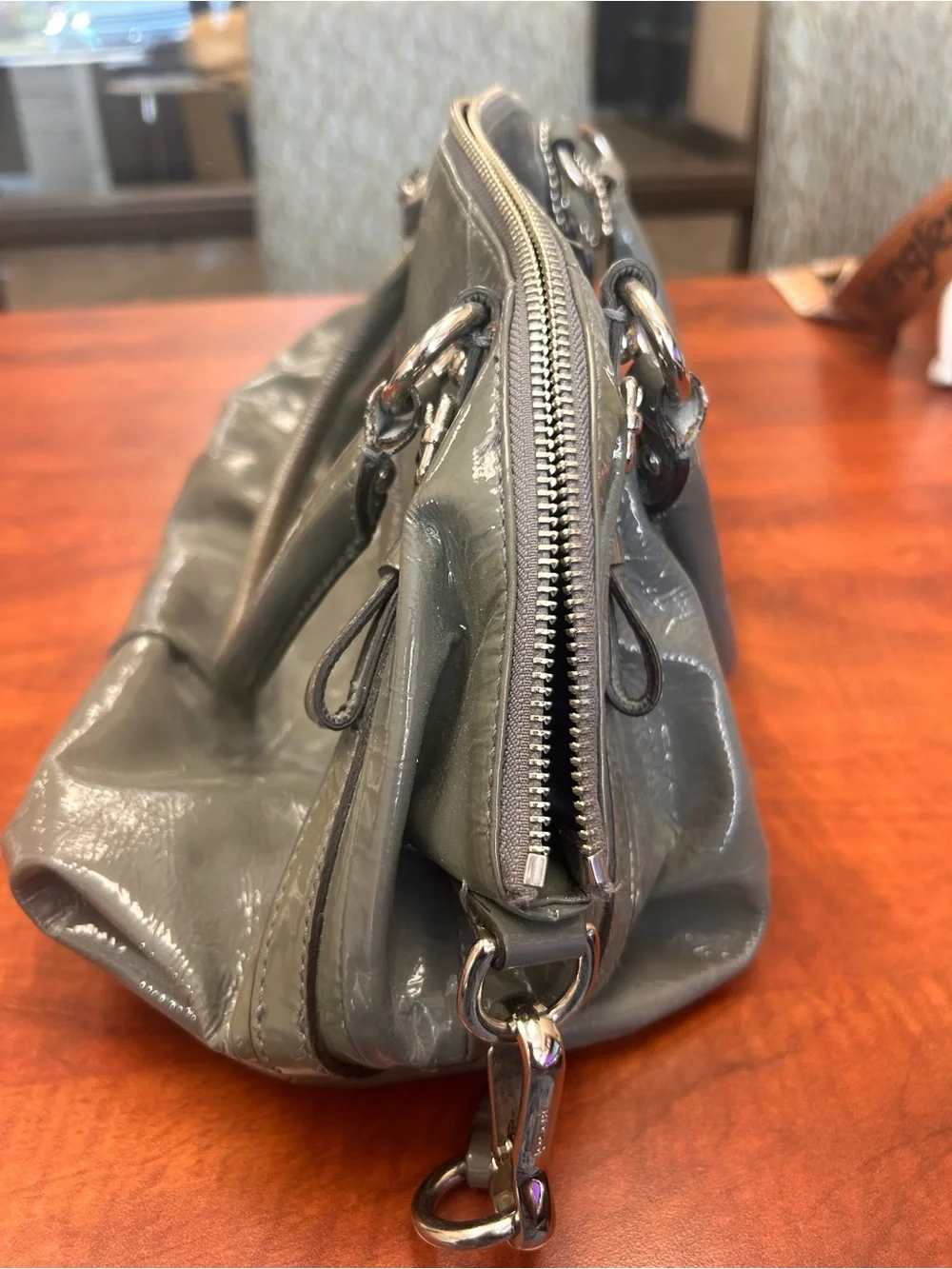 Coach Glossy Patent Leather Satchel in Gray